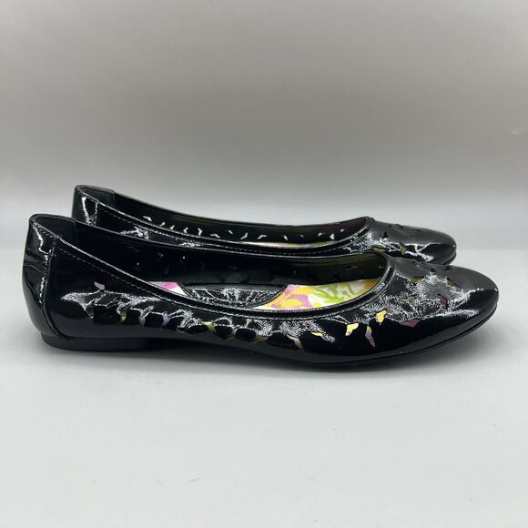 Born Women’s Size 8.5 Shoes Black Floral Patent Leather Round Toe Ballet Flats - Picture 1 of 9